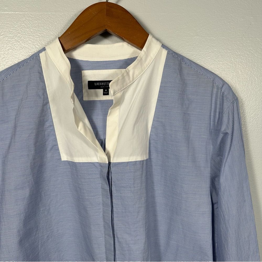 Lafayette 148 Blue White Pinstripe Chambray Colorblock Tunic Blouse Size Medium - Picture 13 of 15